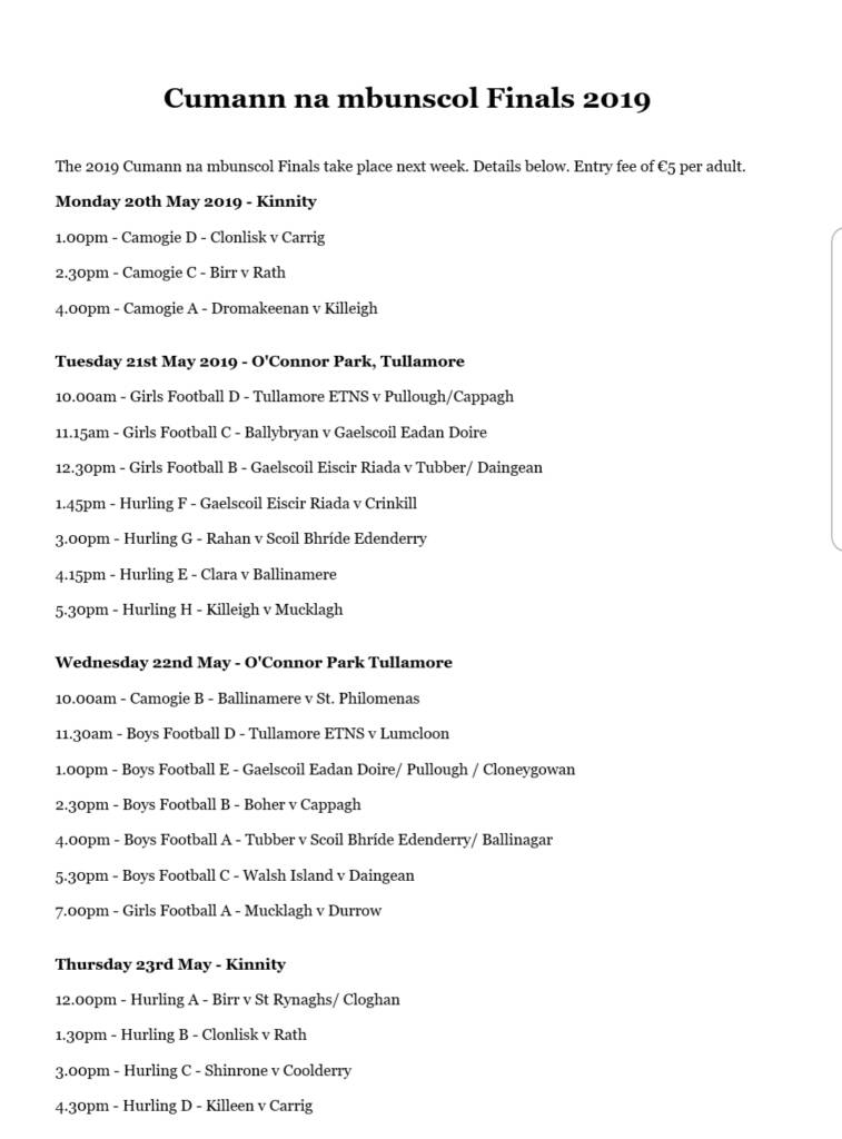 Cumman na mbunscol Finals Announced